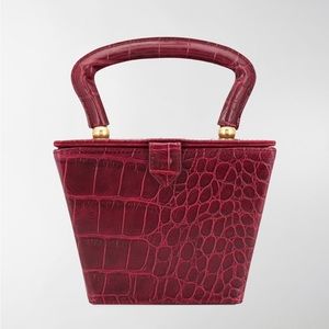 STAUD Burgundy Red Sadie Mock Croc Leather Box Bag